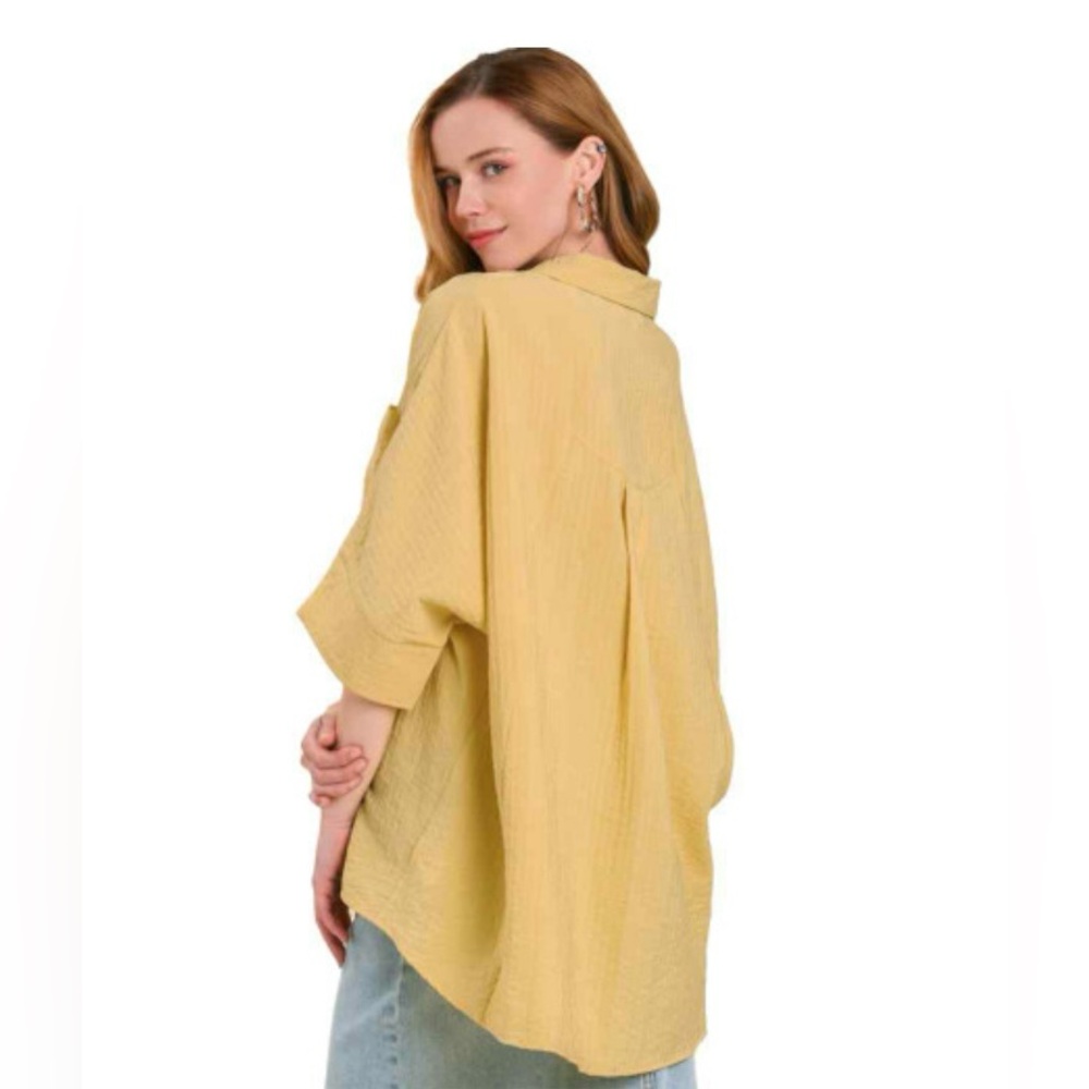 Umgee Pleated Batwing Short Sleeve Button Up Top , Mustard